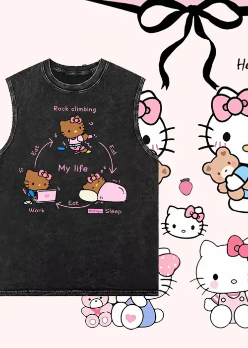 Hello Kitty Yıkanmış Eski Retro Atlet Bisiklet Yaka Yıkamalı Vintage Unisex Oversize