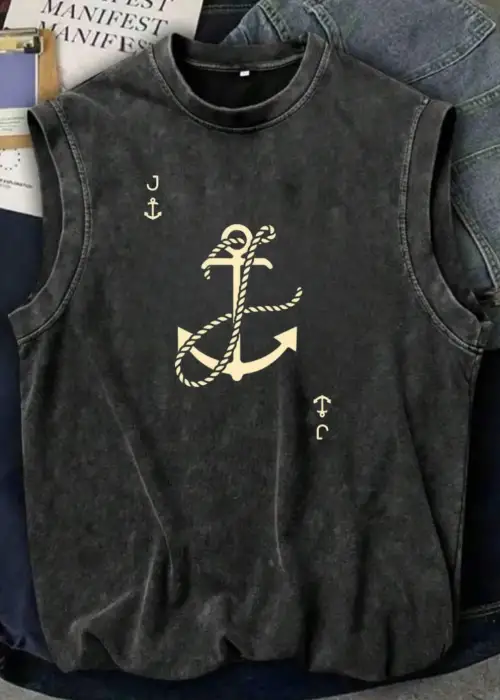 Holiday Line Anchor Kolsuz Atlet Bisiklet Yaka Yıkamalı Vintage Unisex Oversize T-Shirt