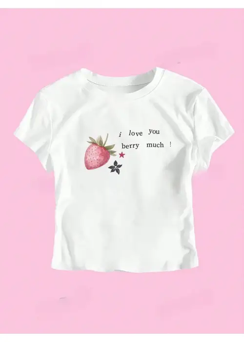 Beyaz Y2K I Love Berry Baskılı Bayb Tee Crop