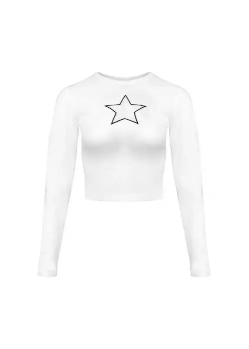 Yıldız Desenli Transparan Detaylı Uzun Kollu Beyaz Crop Top Bluz
