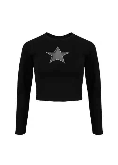 Yıldız Desenli Transparan Detaylı Uzun Kollu Siyah Crop Top Bluz