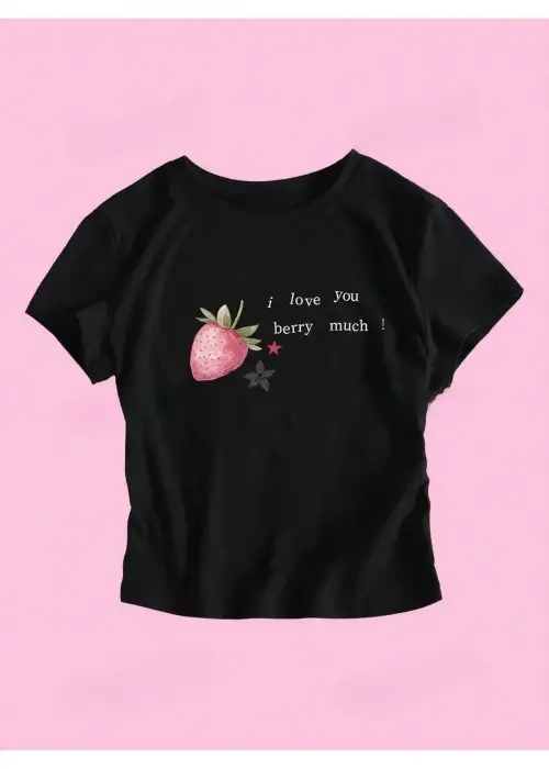 Siyah Y2K I Love Berry Baskılı Bayb Tee Crop