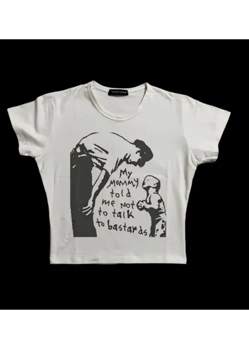 Kadın Üste Oturan Kalıp Bel Boy Crop Baskılı Bisiklet Yaka Baby Tee