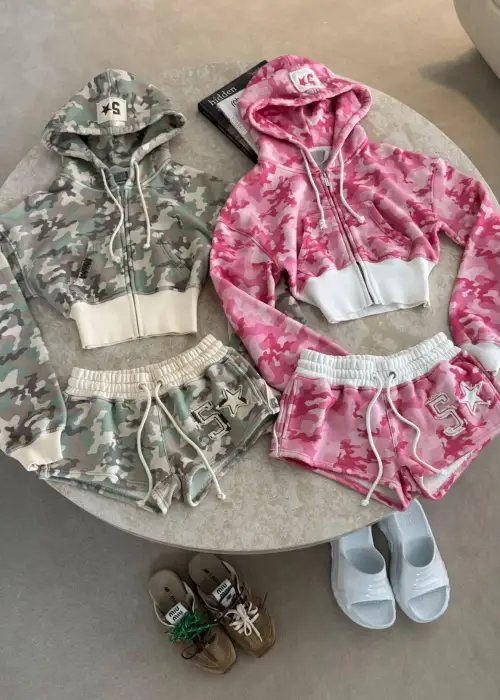 Kamuflaj Baggy Alt Üst Şort Takım (3 iplik)