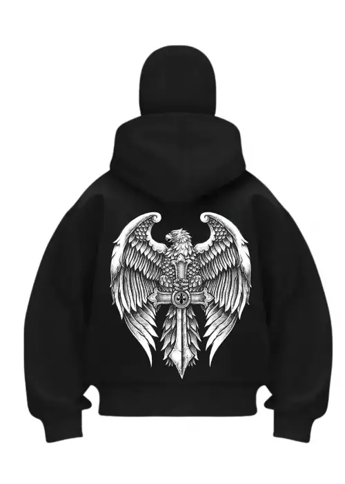 Kartal Türk Baskılı Siyah Samuray Kar Maske Sweatshirt Hırka