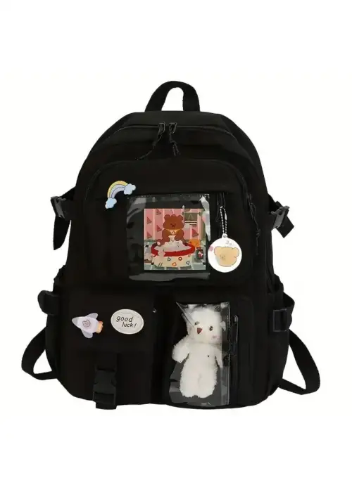 Siyah Kawaii Kore Tarzı Aksesuarlı Ve Ayıcıklı Premium Kalite Okul Sırt Çantası