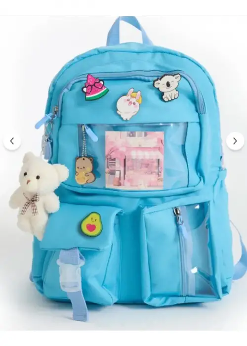 Mavi Kawaii Kore Tarzı Aksesuarlı Ve Ayıcıklı Premium Kalite Okul Sırt Çantası