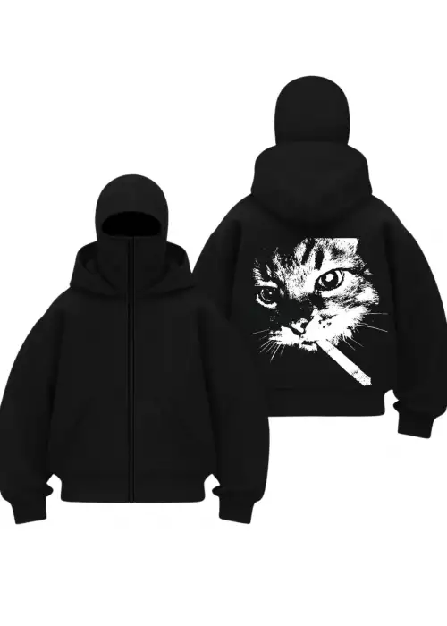 Kedy Cigarette Baskılı Siyah Samuray Kar Maske Sweatshirt Hırka