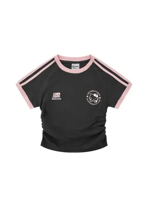 Kemer Boy Hello Kitty Büzgülü Baskı Siyah Pembe Detaylı Crop