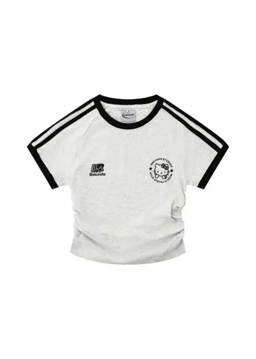 Kemer Boy Hello Kitty Büzgülü Baskı Detaylı Gri Siyah Crop