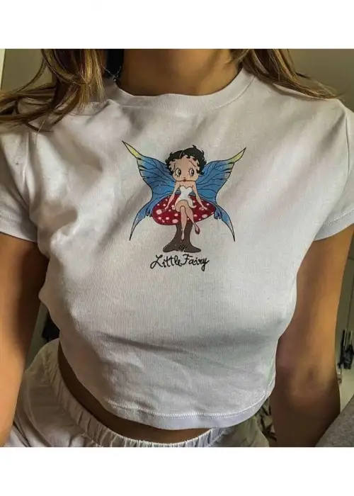 Kemer Boy Little Fairy Baskılı Crop Bluz