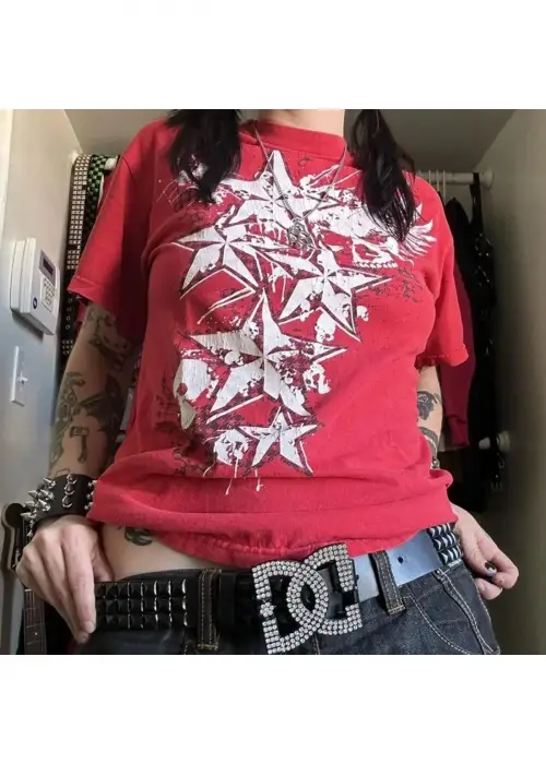 KIRMIZI CYBER GRUNGE VİNTAGE STAR T-SHİRT