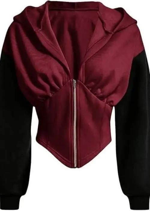 Bordo Uzun Kollu Korse Kesim Fermuarlı Ceket