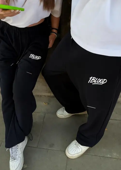 Kışlık 1Blood Nakışlı Siyah Ayarlanabilir Paça Oversize Eşofman Altı