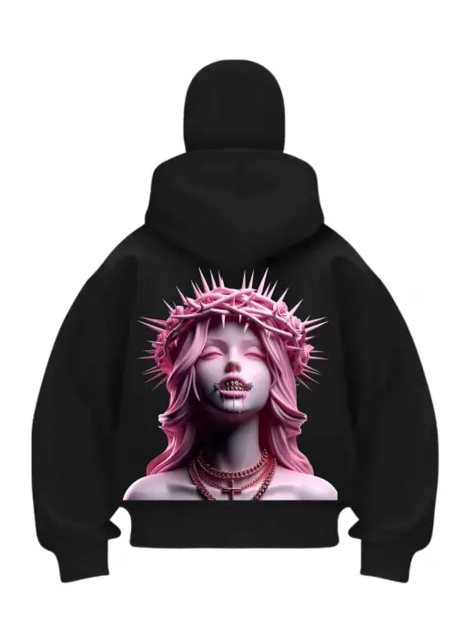 Kraliçe Pembe Baskılı Siyah Samuray Kar Maske Sweatshirt Hırka