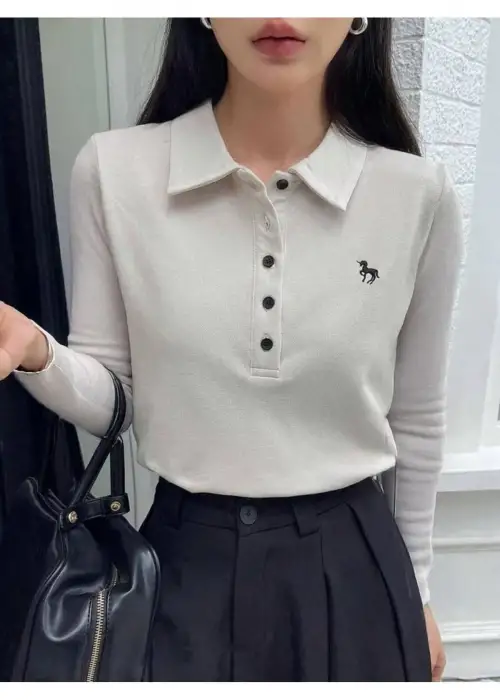 Krem Nakışlı Polo Yaka Uzun Kol T-shirt