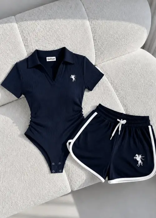 Lacivert Fit Polo Yaka Bodysuit Şort Takım
