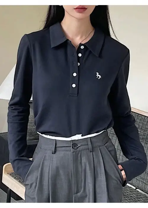 Lacivert Nakışlı Polo Yaka Uzun Kol T-shirt