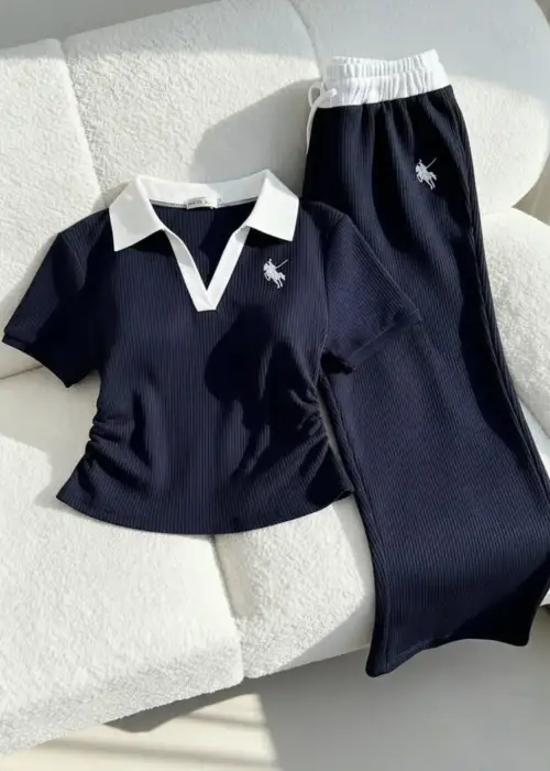 Lacivert Polo Yaka Fitilli Likralı Premium Eşofman Takımı