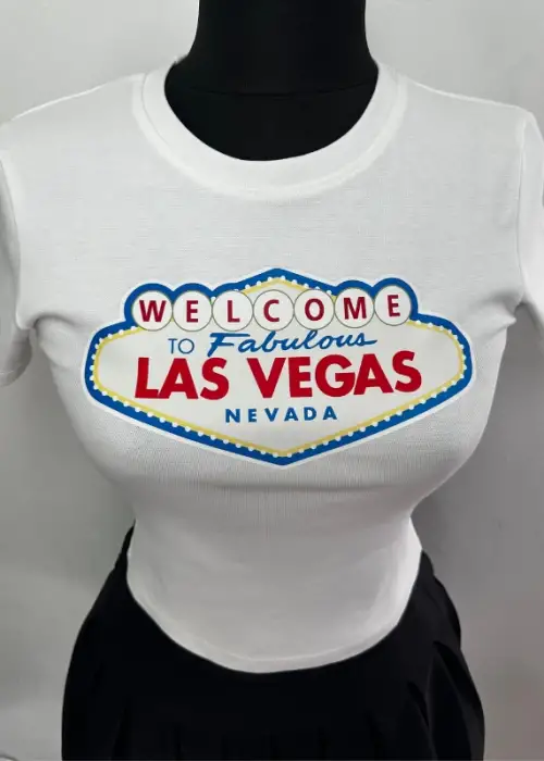 Las Vegas Baskılı Beyaz Crop Top