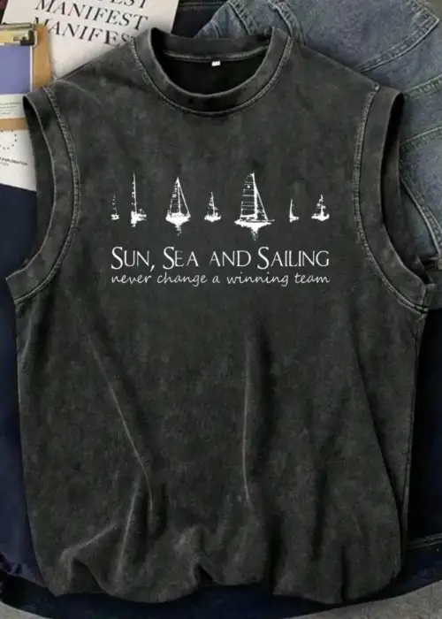 Line Sun Sea and Sailing Kolsuz Atlet Bisiklet Yaka Yıkamalı Vintage Unisex Oversize T-Shirt