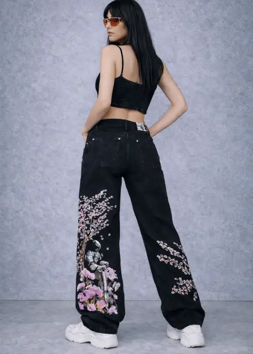 Midnight Blossom Nakışlı Wide Leg Jean