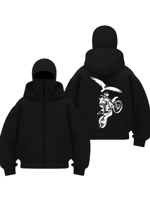 Motor Baskılı Siyah Samuray Kar Maske Sweatshirt Hırka