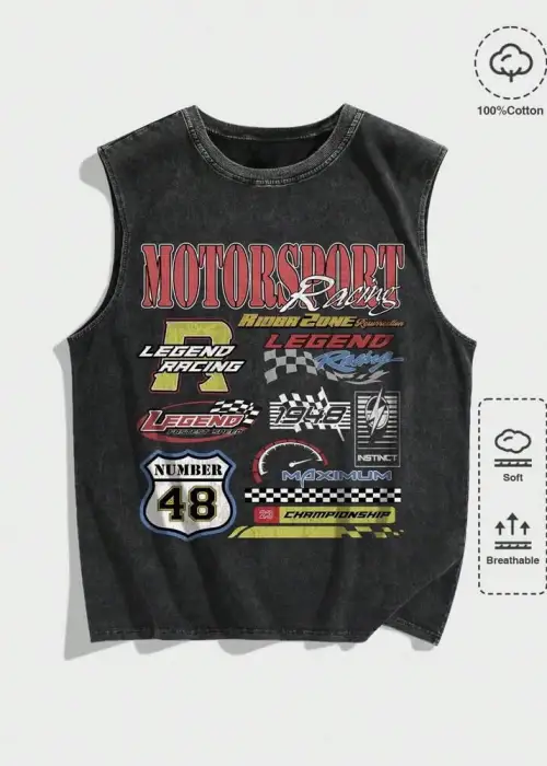 MotorSport Baskılı Unisex Oversize Yıkamalı Atlet