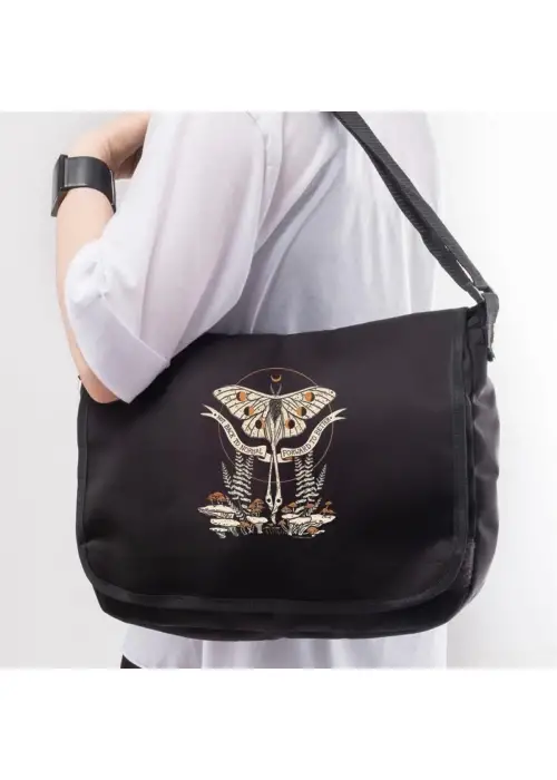 New Colletion Butterfly & Mushrooms Baskılı Unisex Siyah Postacı Çantası