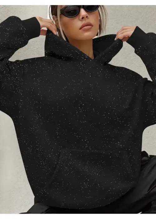 Parıltılı Taş Baskılı Kapüşonlu Oversize 3 İplik Sweat
