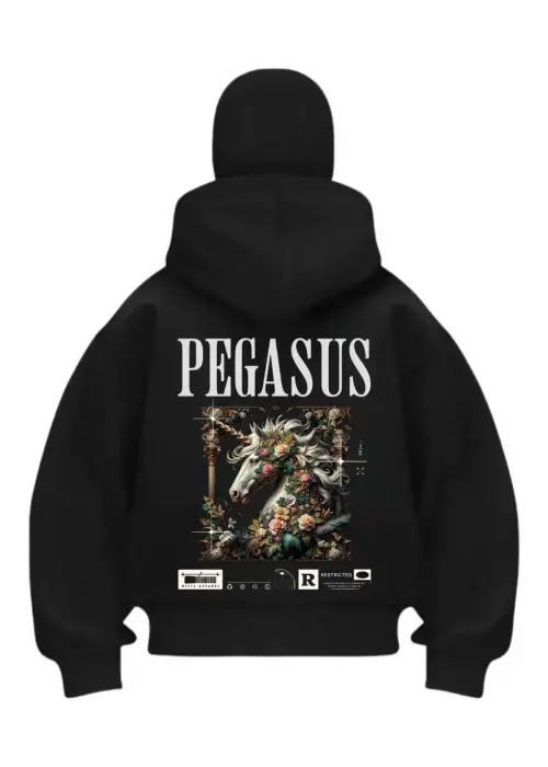 Pegasus Baskılı Siyah Samuray Kar Maske Sweatshirt Hırka