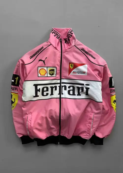 Pembe F1 Ferrari Racing Retro Unisex Bomber Ceket