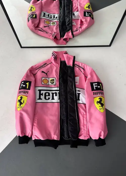 Pembe F1 Ferrari Racing Retro Unisex Bomber Ceket