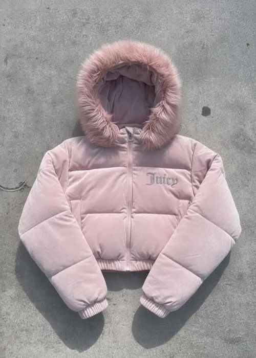 Pembe Juicy Peluş Kapüşonlu Şişme Crop Mont