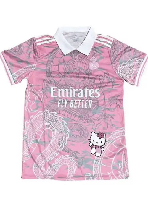 Pembe Kitty FORMA Madrid Dragon Jersey Beyaz Düğmeli Yaka T-shirt