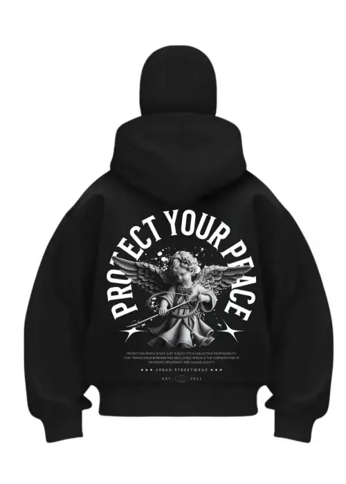 Protect Angel Baskılı Siyah Samuray Kar Maske Sweatshirt Hırka