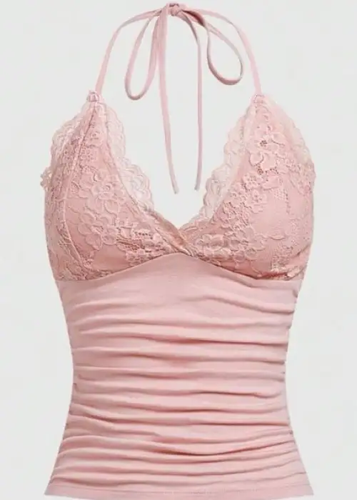 Pudra Dantelli V Yaka Gothic Boyun Bağlamalı Full Body Crop