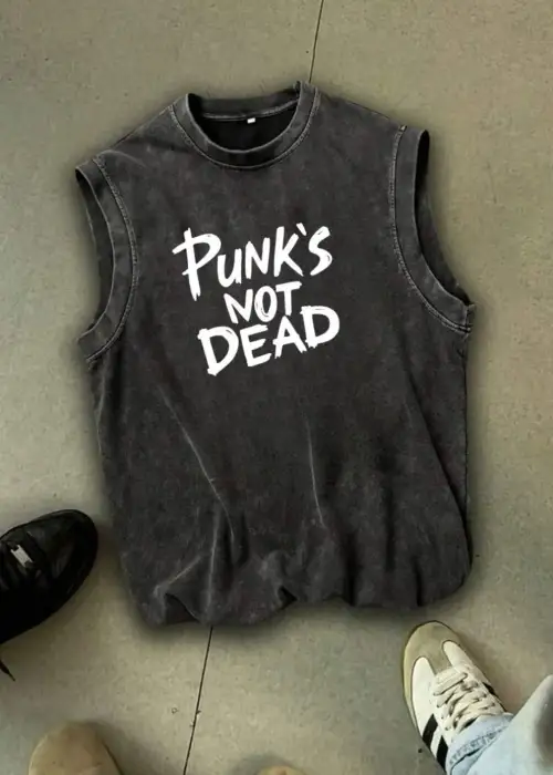Punks Not Dead Atlet Bisiklet Yaka Yıkamalı Vintage Unisex Oversize T-Shirt
