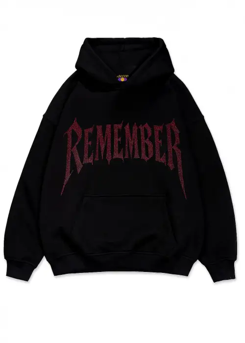 Remember Kırmızı Taş Baskılı Oversize Unisex Kapüşonlu Sweatshirt