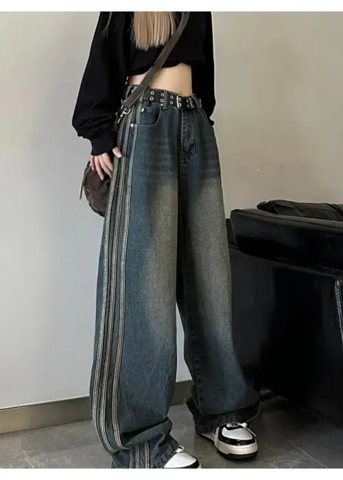 Retro Vintage Style Lacivert Taşlanmış Şeritli Baggy Kot