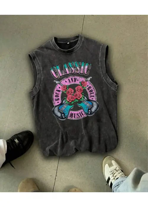 Rock And Roll Kolsuz Atlet Bisiklet Yaka Yıkamalı Vintage Unisex Oversize T-Shirt