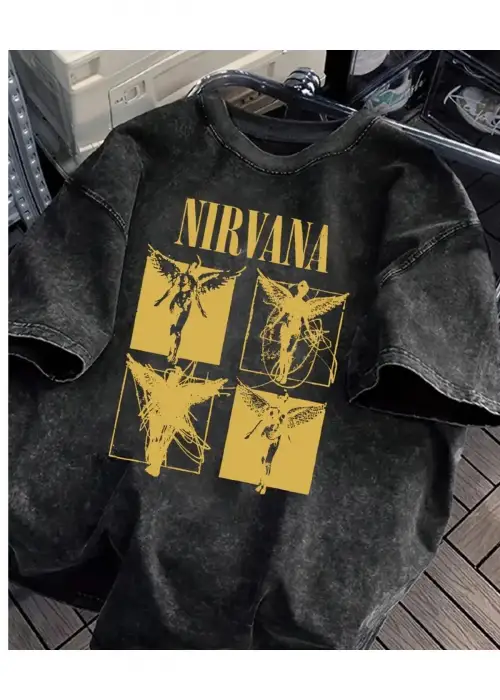 Rock Line Nirvana Baskılı Yıkamalı Vintage Unisex Oversize T-Shirt