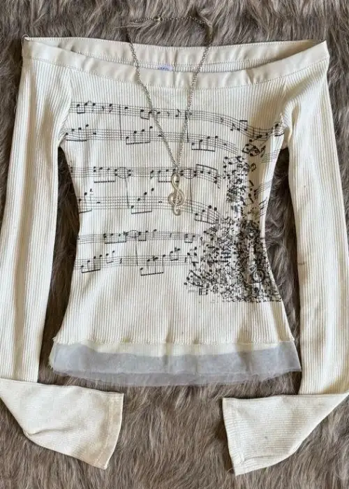 Romantic Melody Nota Desenli Patchwork Bluz