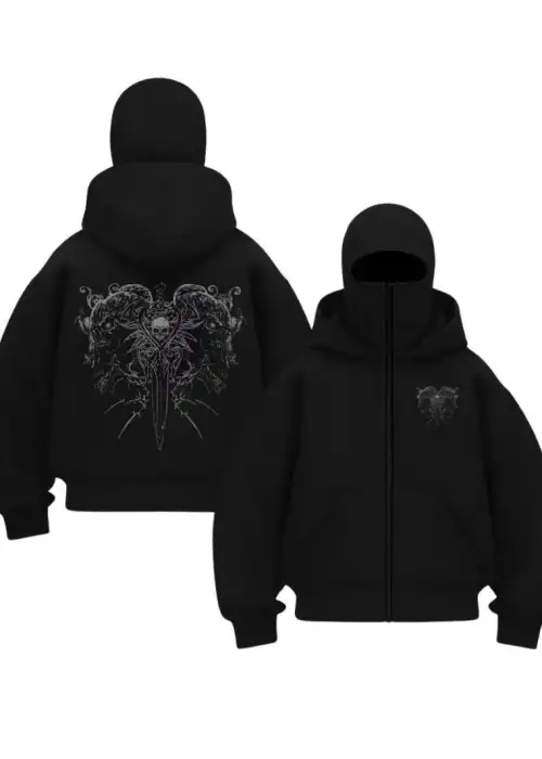 Siyah Gothic Warrior Baskılı Kar Maskeli Unisex Sweatshirt Hırka
