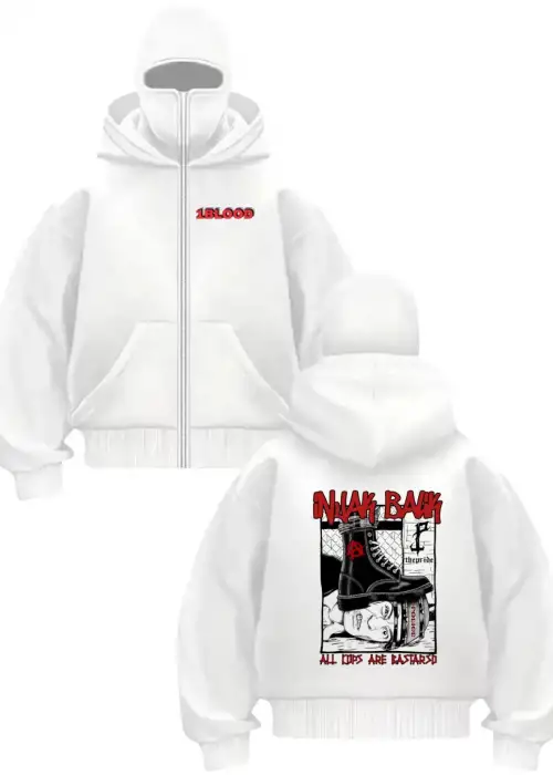 Beyaz 1BLOOD Grafik Desen Baskılı Kar Maskeli Unisex Sweatshirt Hırka