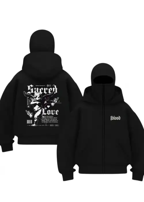 Siyah 1BLOOD Sacred Love Baskılı Kar Maskeli Unisex Sweatshirt Hırka