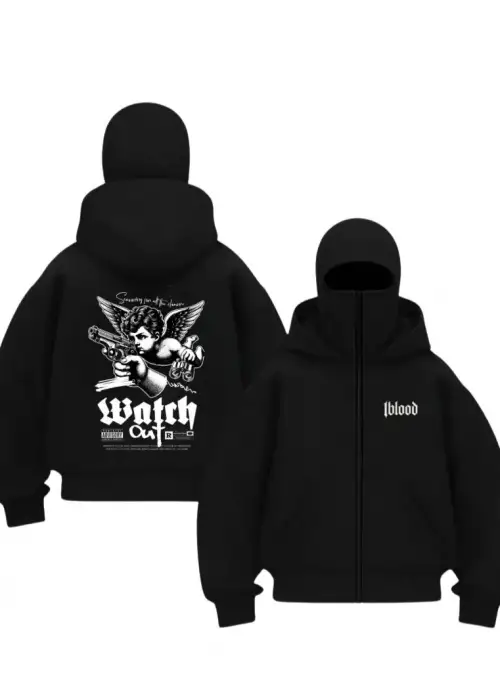 Siyah Watch Out Melek Baskılı Kar Maskeli Unisex Sweatshirt Hırka