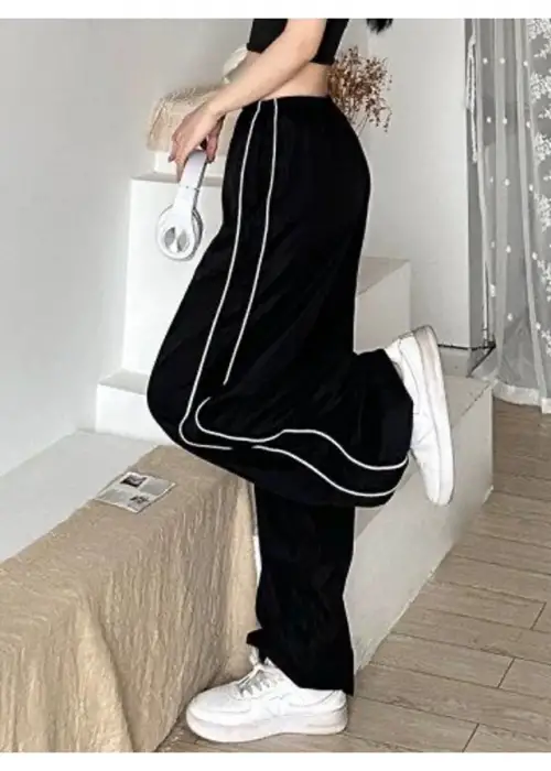 SİYAH BELİ LASTİKLİ ŞERİTLİ PARAŞÜT BAGGY PANTOLON