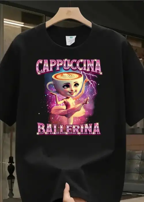 Siyah Cappuccino Ballerina Baskılı Yıkamalı Vintage Unisex Oversize T-Shirt