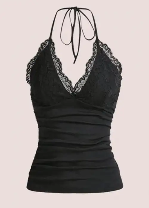 Siyah Dantelli V Yaka Gothic Boyun Bağlamalı Full Body Crop